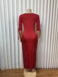 EVE V Neck Ruched 3/4 Sleeve Midi Dress GMYU-11505