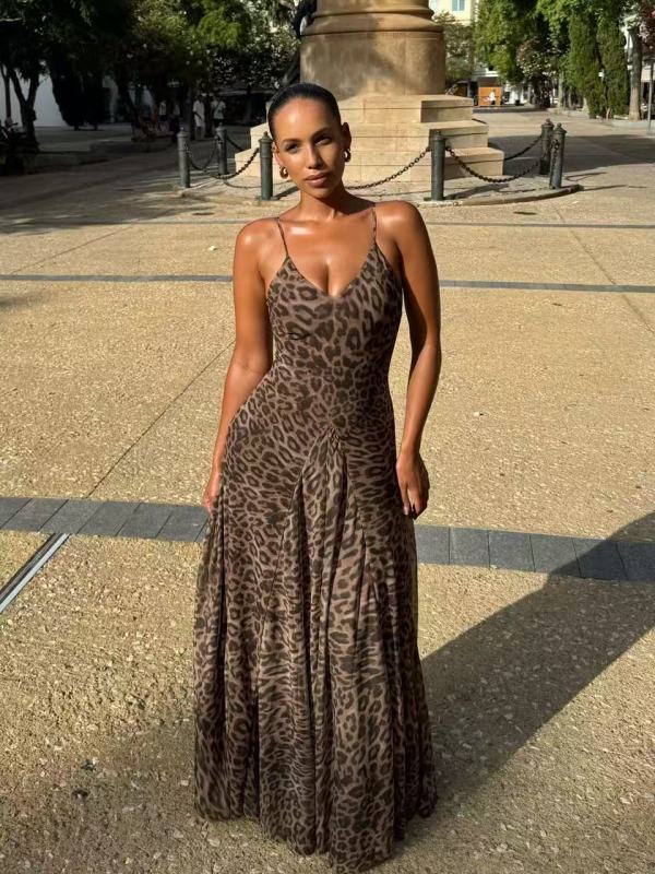 EVE Mesh Leopard Printed V Neck Sling Maxi Dress GMYU-10568