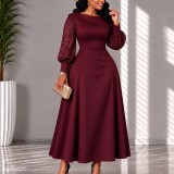 EVE Plus Size Lace Patchwork Long Sleeve Midi Dress GMLF-3394