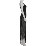 EVE U Neck Off Shoulder Tassel Maxi Dress XEF-K6D20679A