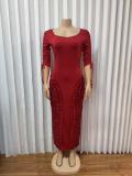 EVE V Neck Ruched 3/4 Sleeve Midi Dress GMYU-11505