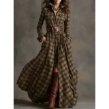 EVE Plaid Printed Long Sleeve Maxi Dress(With Belt) GQLK-5505