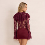 EVE Solid Color Lace Flare Sleeve Mini Dress GDSF-J26DS465