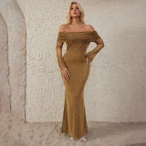 EVE Off Shoulder Long Sleeve Sequin Maxi Dress FL-YL24460MHO