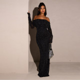 EVE Off Shoulder Long Sleeve Sequin Maxi Dress FL-YL24460MHO