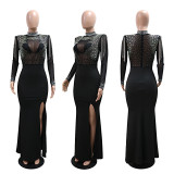 EVE Mesh Hot Drill Long Sleeve Split Maxi Dress CYA-901548