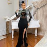 EVE Mesh Hot Drill Long Sleeve Split Maxi Dress CYA-901548