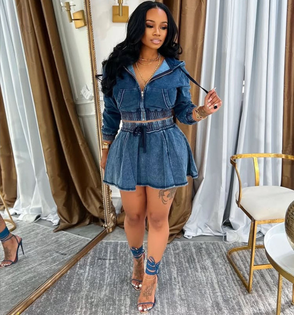 EVE Plus Size Fashion Denim Zipper Two Piece Skirts Set GAKF-A50814