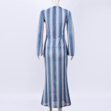 EVE Color Woven Stripes Long Sleeve Maxi Dress GFRT-42206DBG