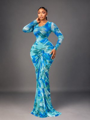 EVE Long Sleeve Ruched Printed Maxi Dress GFXI-fx1205