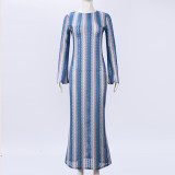 EVE Color Woven Stripes Long Sleeve Maxi Dress GFRT-42206DBG