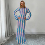 EVE Color Woven Stripes Long Sleeve Maxi Dress GFRT-42206DBG