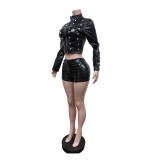 EVE Long Sleeve Zipper PU Leather 2 Piece Shorts Set MEM-88735