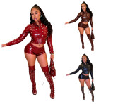 EVE Long Sleeve Zipper PU Leather 2 Piece Shorts Set MEM-88735