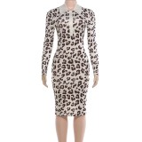 EVE Leopard Printed Long Sleeve Midi Dress DLSF-K6D20547A
