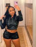 EVE Long Sleeve Zipper PU Leather 2 Piece Shorts Set MEM-88735