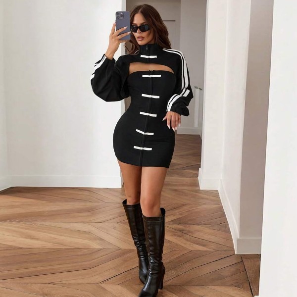 EVE Stripe Long Sleeve Short Top+Mini Dress 2 Piece Set DLSF-K6S18965A