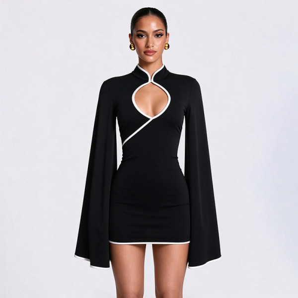 EVE Solid Color Long Sleeve Hollow Out Mini Dress GSZM-C26DS445