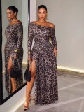 EVE Leopard Printed Long Sleeve Split Maxi Dress GHYX-TXY5593