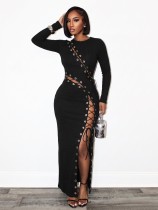 EVE Long Sleeve Hollow Out Split Bandage Dress GHYX-TXY5508