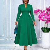 EVE Plus Size Long Sleeve Solid Color Big Swing Midi Dress GCZF-8681