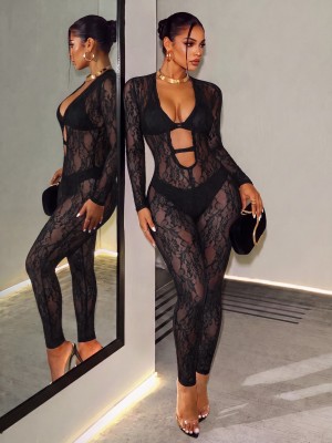 EVE Lace See Through Deep V Neck Jumpsuit GHYX-TXY5594