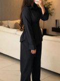 EVE Solid Color Ruched Long Sleeve Shirt Pants Suit MIL-L409