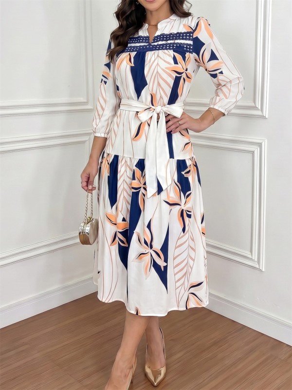 EVE Printed Long Sleeve Lace Patchwork Midi Dress GYLY-11330