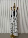 EVE Polka Dot Printed Patchwork Split Maxi Dress(With Scarf) GADE-92741