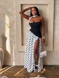 EVE Polka Dot Printed Patchwork Split Maxi Dress(With Scarf) GADE-92741