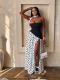 EVE Polka Dot Printed Patchwork Split Maxi Dress(With Scarf) GADE-92741