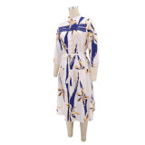 EVE Printed Long Sleeve Lace Patchwork Midi Dress GYLY-11330