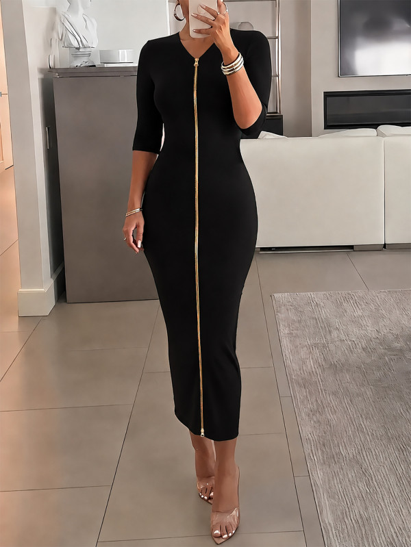 EVE Long Sleeve Zipper Knits Maxi Dress HNIF-GY349