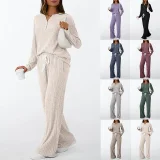 EVE Solid Color Long Sleeve V Neck Pajamas Two Piece Pant Set GSXL-HD9913