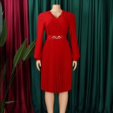 EVE Plus Size V Neck Solid Color Midi Dress GATE-497