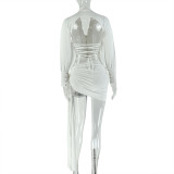 EVE Long Sleeve V Neck Bodysuit Ruched Skirt 2 Piece Set GJYO-JSD711825