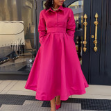 EVE Plus Size Long Sleeve Solid Color Midi Dress(With Belt) GATE-532