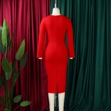 EVE Plus Size Solid Color V Neck Ruched Midi Dress GATE-606