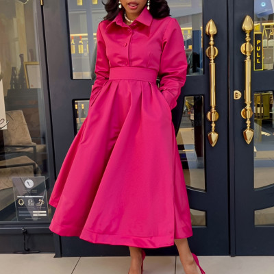 EVE Plus Size Long Sleeve Solid Color Midi Dress(With Belt) GATE-532