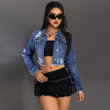 EVE Fashion Holes Long Sleeve Denim Short Coat GDAM-218753