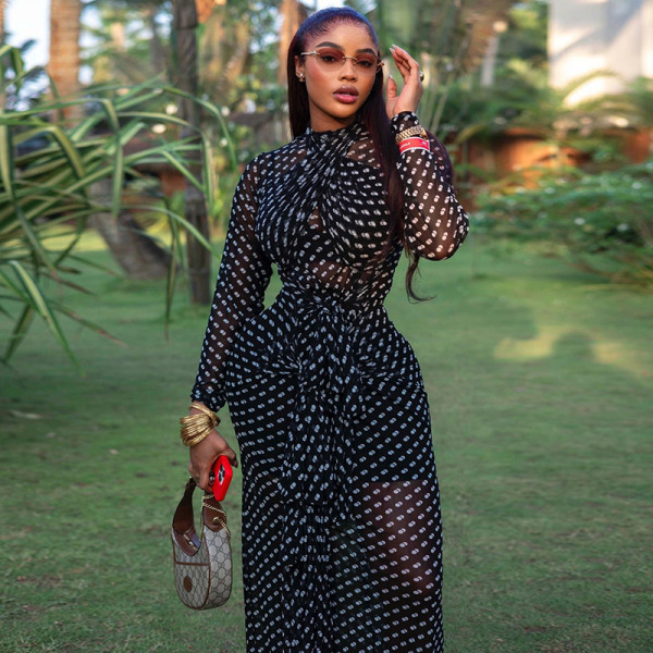 EVE Polka Dot Printed Long Sleeve Maxi Dress GJYO-JD303859