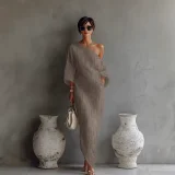 EVE Plus Size Off Shoulder Long Sleeve Maxi Dress GSXL-A-YL6001
