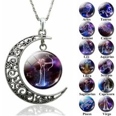 12 Constellation Necklace Zodiac Signs Cabochon Glass Crescent Moon Necklace