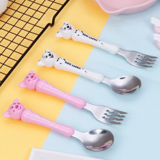 1Set Stainless Steel Cartoon Pig Puppy Spoon and Fork Kitchen Accessories