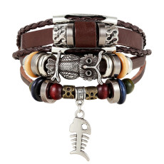 Vintage Brown Color Owl Leather Charm Bracelet