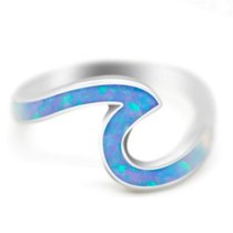 Silver Color Geometric Design Blue Fire Opal Wave Rings