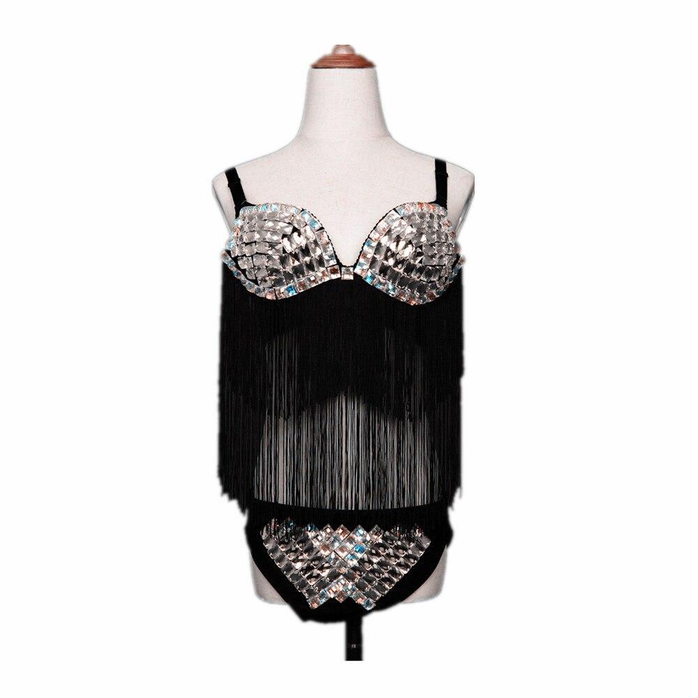 Nightclub Pole Dance Clothing Bikini Rhinestone Mirror Costume Shiny ...