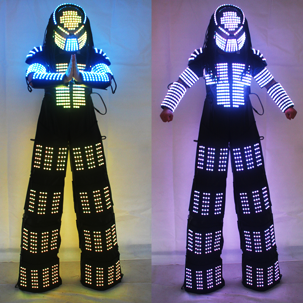 David Guetta LED Robot Suit Clothes Stilts Walker Costume Helmet Laser