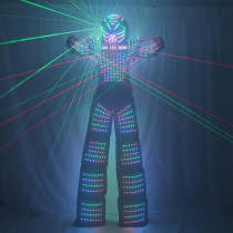 LED Robot Costume Clothes Laser Shoulder Vest White Silver Leather Stilt Walking Luminous Suit Jacket Laser Glove Helmet
