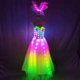 Full Color Pixel LED Skirt Dreamy Luminous Wedding Dress Wings Bodysuit Women Singer Stage Costume Party Show Dancer Performance